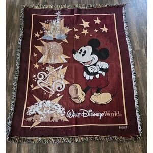 Walt Disney World Mickey Mouse Woven Tapestry Throw Blanket Maroon 45x58 Fringe